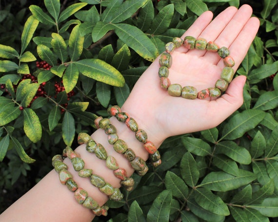 Unakite Tumbled Gemstone Bracelet: 6-8 mm Stones (Premium Grade Stretch Nugget Bracelet)