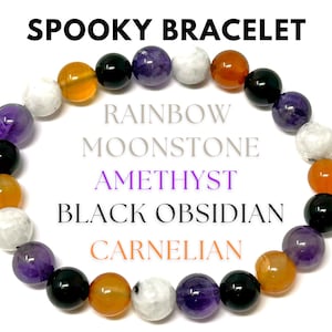 Spooky Bracelet: Amethyst, Carnelian, Black Obsidian & Rainbow Moonstone 8 mm Round Halloween Crystals (Stretch Bracelet, Gemstone Bracelet)