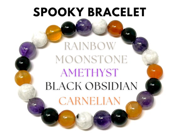 Spooky Bracelet: Amethyst, Carnelian, Black Obsidian & Rainbow Moonstone 8 mm Round Halloween Crystals (Stretch Bracelet, Gemstone Bracelet)