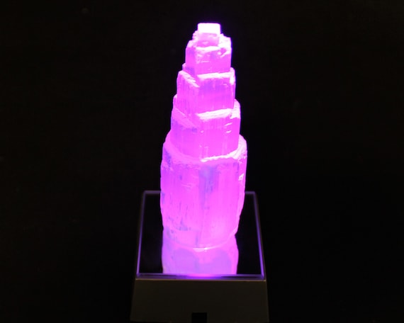 4" Selenite Tower PLUS LED Light Base - Multi Color LED Light Base & Selenite Skyscrapper (Crystal, Selenite Iceberg, Crystal Tower)