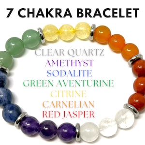 7 Chakra Bracelet: Amethyst, Clear Quartz, Red Jasper, Carnelian, Citrine, Green Aventurine, & Sodalite 8 mm Round Gemstone Chakra Crystals