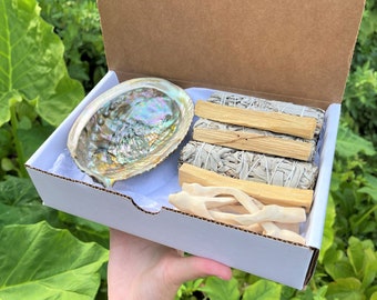 Premium LARGE White Sage Smudge Abalone Box Kit: 5-6" Abalone Shell, 3x White Sage Smudge Stick, 3x Palo Santo, Stand & Smudging Directions