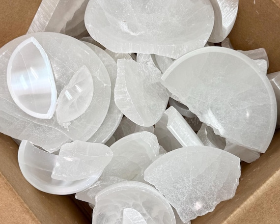 Broken Selenite Bowls Box - CLEARANCE Box Full of Mixed Assorted Selenite Bowls and Pieces (Closeout Selenite Crystals, Selenite Crafting)
