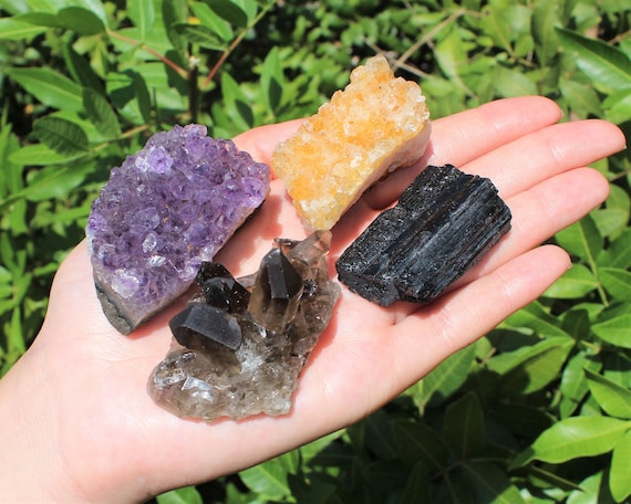 4 Piece Lot: Smoky Quartz, Citrine and Amethyst Crystal Clusters / Geodes PLUS Black Tourmaline Log