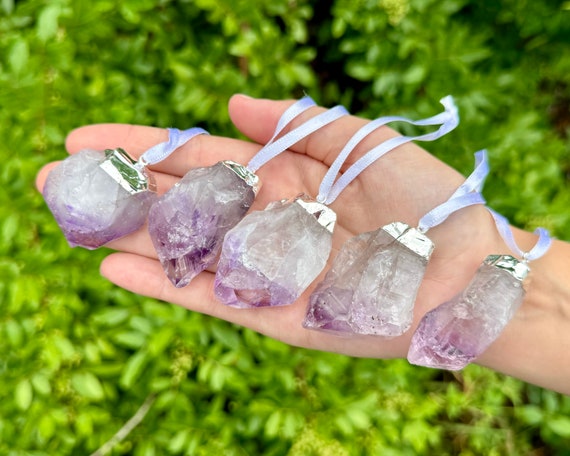 Amethyst Point Crystal Ornament (Silver Plated) - Natural Amethyst Decorative Oraments (Gemstone Christmas Ornaments, Holiday Home Decor)