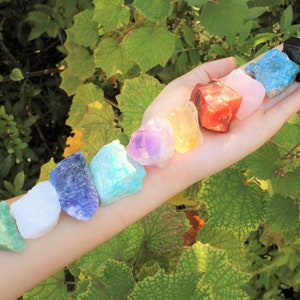 10 Different Natural Rough Stones lined up on a Hand and ending just before the elbow. Each Stone is a different Crystal making up a combination of Best Selling and Most Popular natural Rough Stones. Trees in the background.