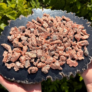 May include: A collection of raw, metallic copper nuggets with irregular, textured shapes and a reddish-orange hue, displayed on a flat, dark, jagged-edged slab of petrified wood that features a smooth, matte black surface with natural gray edges.