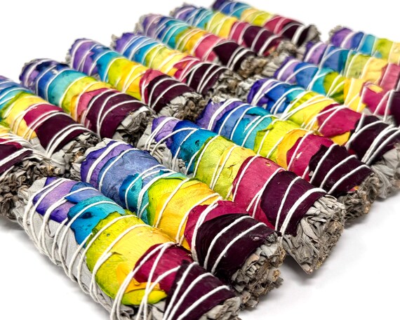 White Sage & 7 Chakra Petals Smudge Sticks 4" - Herb Bundles for Craft and Ritual Use