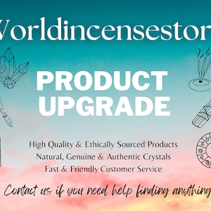 May include: An advertisement for Worldincensestore with the text "PRODUCT UPGRADE" in large white letters. The image includes line drawings of crystals, incense, a candle, a sage bundle, and a zodiac wheel. The background is a gradient of blue, pink, and orange.