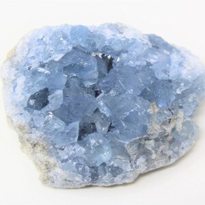 May include: A cluster of light blue celestite crystals with a rough, natural texture.