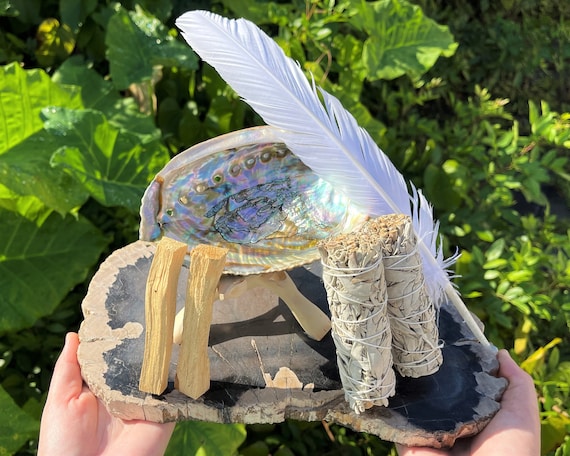 LARGE White Sage Smudge Abalone Kit: 5-6" Abalone Shell, White Sage Smudge Stick, Palo Santo, White Feather, Stand & Smudging Directions