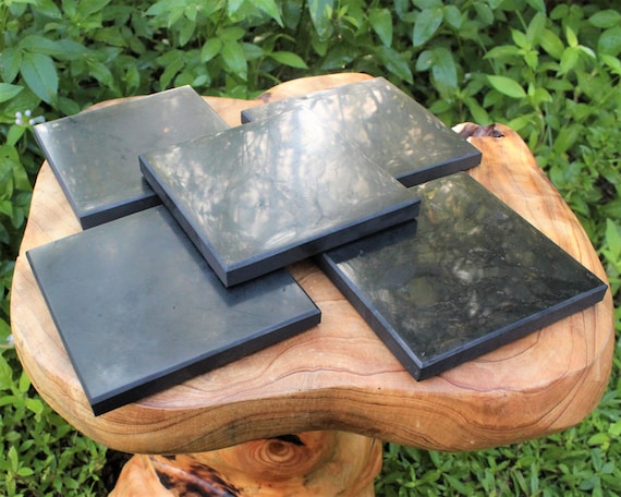Shungite Tile, 4" Polished LARGE Shungite Square Plate - Choose Your Design (Anti Radiation, EMF Protection)