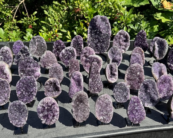 Amethyst Geode On Metal Stand, Natural Free Standing Amethyst Crystal on Display Specimen - Choose Size (Amethyst on Stand, Home Decor)