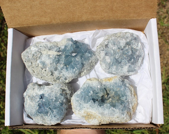 Raw Celestite Cluster 4-5 Piece Box Lot: Large Natural Celestite Crystal Cluster Geodes, 2 lb - 3 lb Total (Celestite Geode, Blue Celestite)