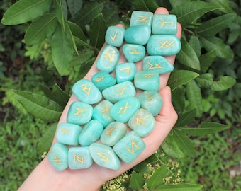 Amazonite Rune Stone Set with Velvet Storage Pouch (Set of 25 Elder Futhark Runes)