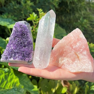 Crystal Healing Set - Amethyst Cut Base, Clear Quartz Point & Raw Rose Quartz (Home Decor)