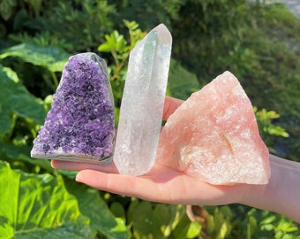 Crystal Healing Set - Amethyst Cut Base, Clear Quartz Crystal Point & Rose Quartz Crystal (Beautiful Healing Energy Set, Home Decor)