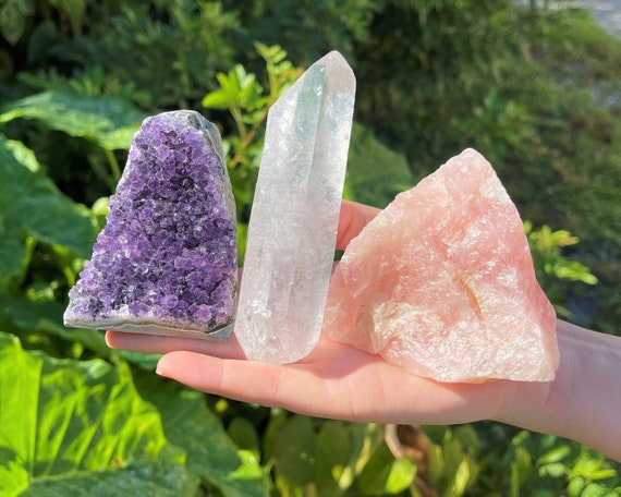 Crystal Healing Set - Amethyst Cut Base, Clear Quartz Crystal Point & Rose Quartz Crystal (Beautiful Healing Energy Set, Home Decor)