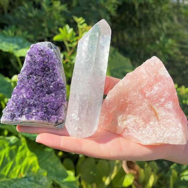 Crystal Healing Set - Amethyst Cut Base, Clear Quartz Crystal Point & Rose Quartz Crystal (Beautiful Healing Energy Set, Home Decor)