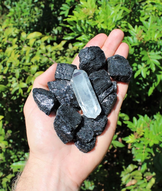 Raw Black Tourmaline Rough Stones + LARGE Clear Quartz Crystal Point:Choose Ounces or lb Bulk Wholesale Lots (Premium Quality 'A' Grade)