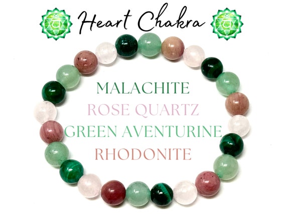 Heart Chakra Bracelets - Green Aventurine, Malachite, Rhodonite & Rose Quartz 8 mm Gemstone Crystal Beads (Chakra Alignment Bracelets)