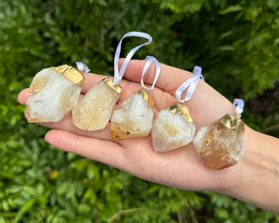 Citrine Point Crystal Ornament (Gold Plated) - Citrine Decorative Oraments (Gemstone Christmas Ornaments, Citrine Christmas Ornaments)