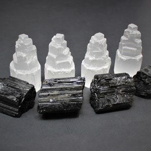 4 Selenite Towers & 4 Extra Grade Black Tourmaline Logs - Full Home Protection Crystal Kit image 2