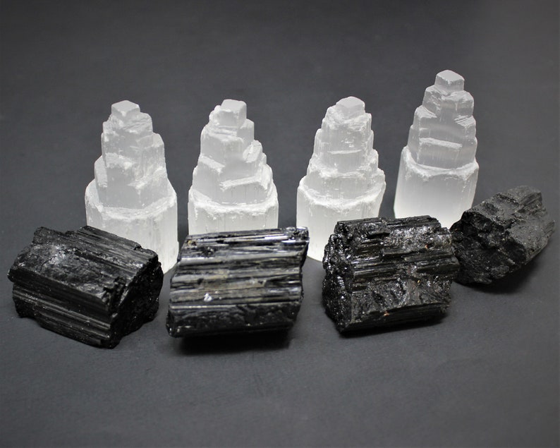 4 Selenite Towers & 4 Extra Grade Black Tourmaline Logs - Full Home Protection Crystal Kit image 2