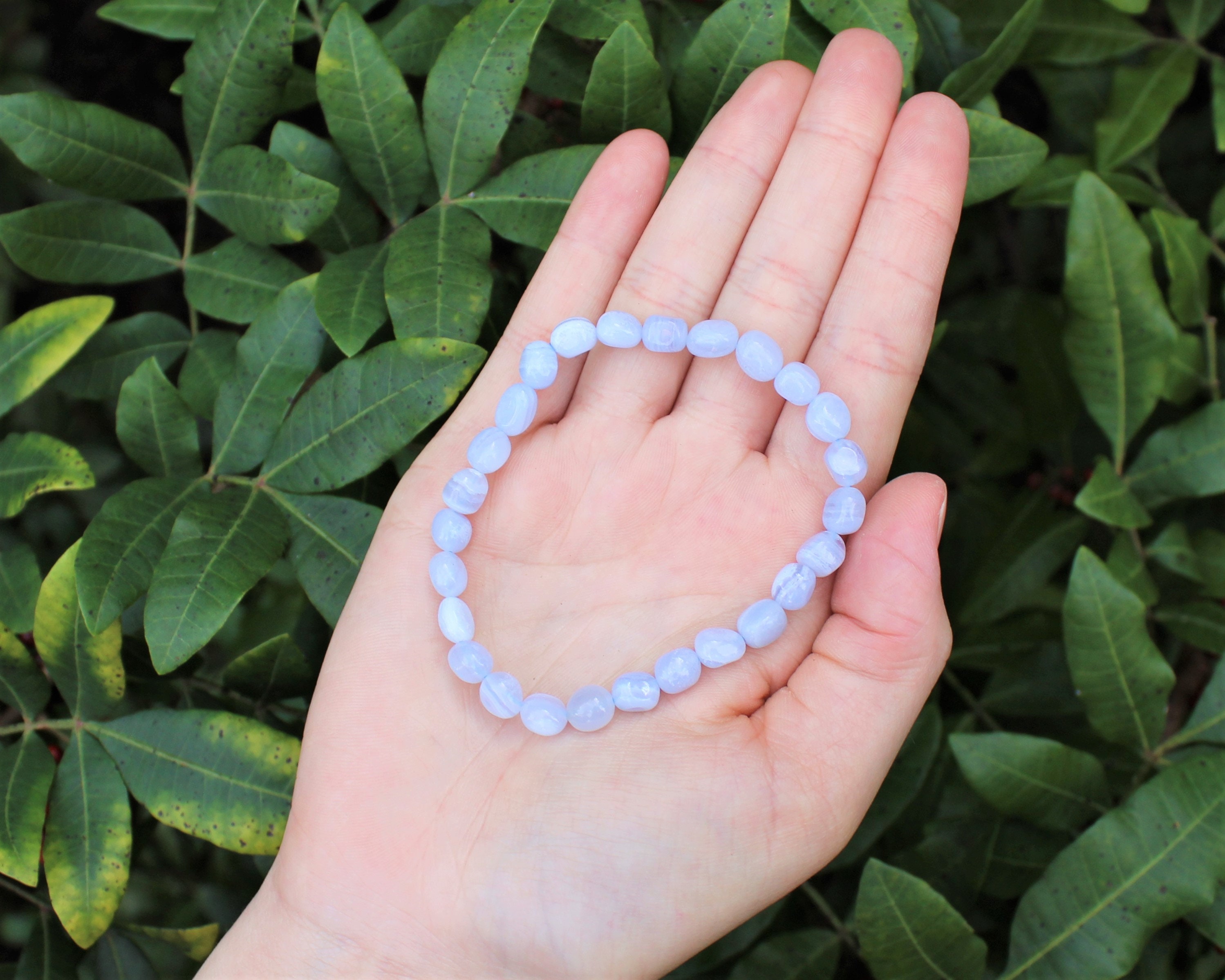 Blue Lapidary Beads Bracelet Agate Stone / 8.0