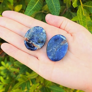 Op de afbeelding: Twee ovale, gepolijste stenen, een blauwe met witte en bruine markeringen, de andere een donkerdere blauwe met witte en bruine markeringen.