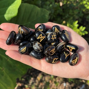 May include: A handful of polished black stones with gold-colored rune symbols. The stones are smooth and oval-shaped, with varying patterns and markings. The background features green foliage and sunlight.