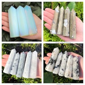 May include: A collection of four sets of crystal towers. The first set features three smooth, translucent opalite points. The second set shows four metallic, textured pyrite points with white inclusions. The third set displays five white quartz points with black tourmaline flecks. The fourth set contains five rainbow moonstone points with black mineral inclusions.