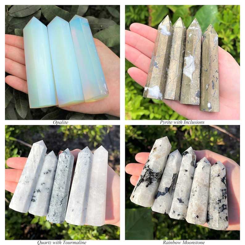 May include: A collection of four sets of crystal towers. The first set features three smooth, translucent opalite points. The second set shows four metallic, textured pyrite points with white inclusions. The third set displays five white quartz points with black tourmaline flecks. The fourth set contains five rainbow moonstone points with black mineral inclusions.