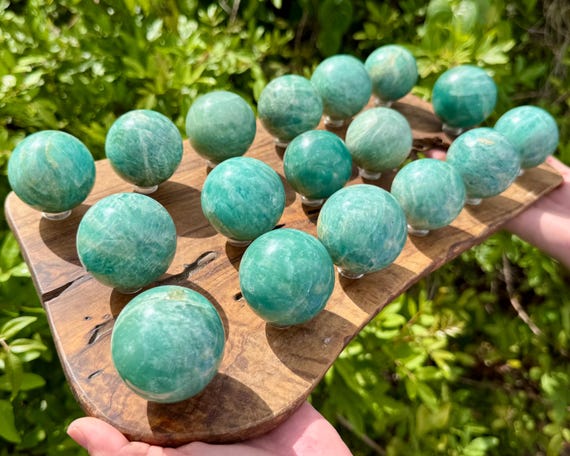 Amazonite Crystal Sphere with Stand, Large 1.75 - 2" Spheres ('AAA' Grade Natural Amazonite Sphere, Polished Amazonite Crystals)