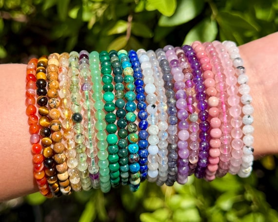 4mm Gemstone Bead Bracelets - BUY 3 GET 1 FREE - Minimalist Crystal Jewelry, Stretch Bracelet