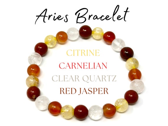 Aries Zodiac Bracelet - Citrine, Carnelian, Clear Quartz & Red Jasper 8 mm Round Aries Crystal Beads (Aries Birthstone Bracelet, Aries Gift)
