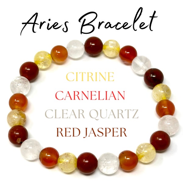 Aries Zodiac Bracelet - Citrine, Carnelian, Clear Quartz & Red Jasper 8 mm Round Aries Crystal Beads (Aries Birthstone Bracelet, Aries Gift)