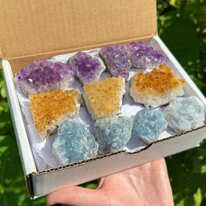 Amethyst Citrine & Celestite Crystal Cluster Collection: 9-12 Piece Wholesale Bulk Lot ('A' Grade Raw Crystal Clusters)