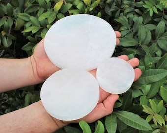 Polished Selenite Circle Charging Station, Choose : 3", 4" or 6" Flat Crystal Plate (Protection Cleansing Meditation Crystal Healing Chakra)