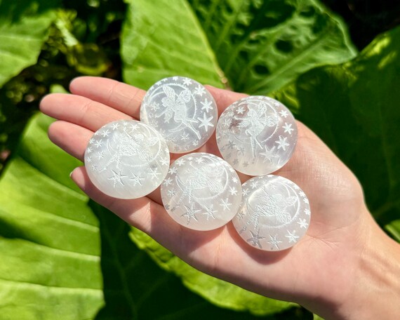 Selenite Palm Stone With Fairy Etching, 1.5" Selenite Crystal - Choose How Many (Polished Selenite Stone, Engraved Selenite Fairy Stone)