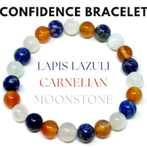 May include: A bracelet made with lapis lazuli, carnelian, and moonstone beads. The bracelet is blue, orange, and white. The text "Lapis Lazuli", "Carnelian", and "Moonstone" is written on the image.
