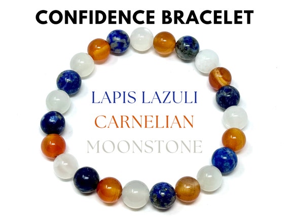 Confidence Bracelet: Carnelian, Lapis Lazuli, & Rainbow Moonstone Combo, 8 mm Round Self-Belief Crystals (Crystal Bracelet)