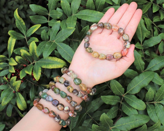 Rhyolite Tumbled Gemstone Bracelet: 6-8 mm Stones (Premium Grade Stretch Nugget Bracelet, Rainforest Jasper)