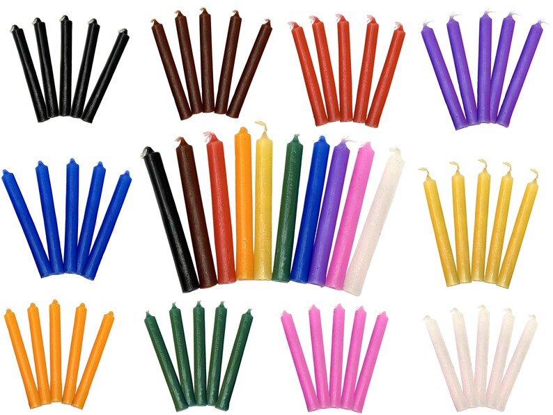 May include: Assortment of 100 small taper candles in various colors, including black, brown, red, orange, yellow, green, blue, purple, white, and pink.