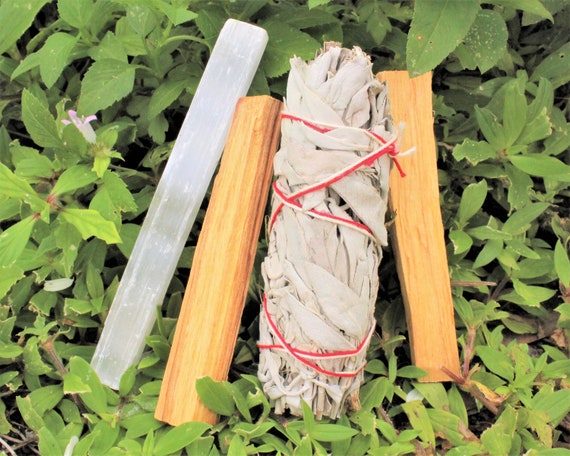 Cleansing Kit: 5" Selenite Crystal, 2 Palo Santo Sticks & White Sage Smudge Stick, PLUS Smudging Guide! (House Energy Cleansing)