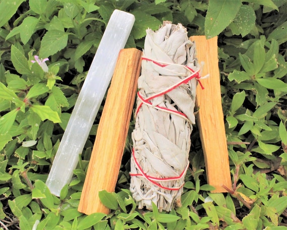 Cleansing Kit: 5" Selenite Crystal, 2 Palo Santo Sticks & White Sage Smudge Stick, PLUS Smudging Guide! (House Energy Cleansing)