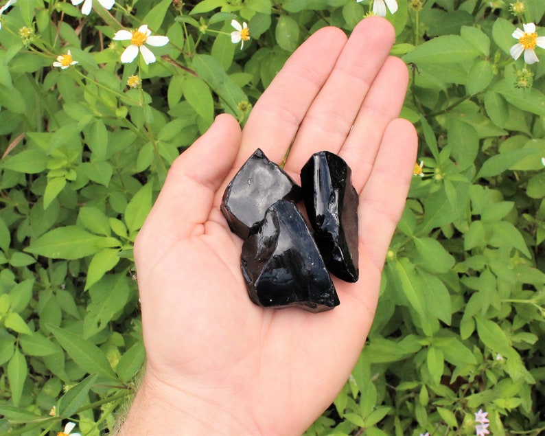 Puede incluir: Tres piezas de obsidiana negra, un tipo de vidrio volc&aacute;nico, se sostienen en una mano. La obsidiana es oscura y brillante.