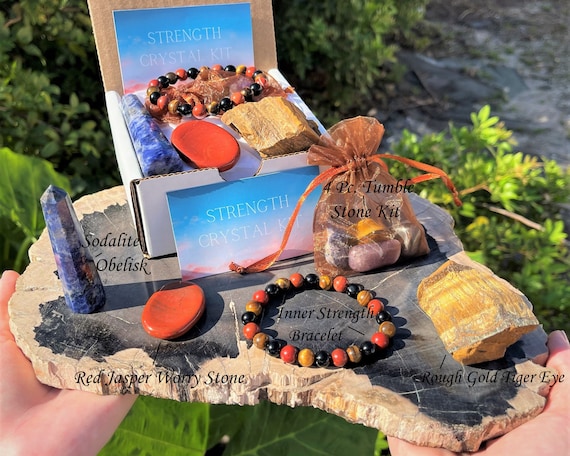 Inner Strength Crystal Box - Bracelet, Worry Stone, Obelisk, Tumble and Rough Stones Combo Box (CRAZY VALUE, Confidence Crystals, Gift Box)