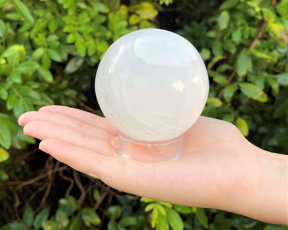 JUMBO Selenite Crystal Sphere + Display Stand, 3" Selenite Sphere (Crystal Ball, Crystal Sphere, White Selenite)