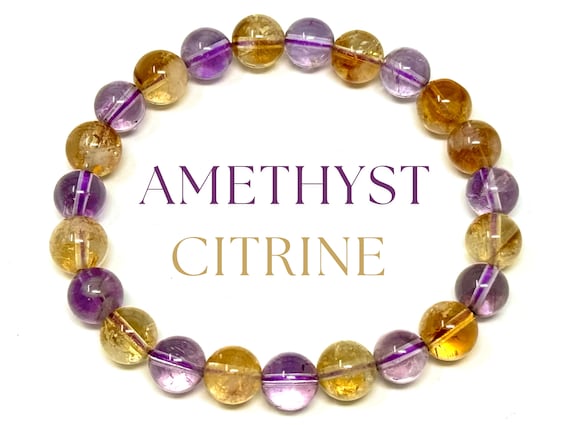 Amethyst & Citrine Combo Bead Bracelet: 8 mm Round Crystals (Premium Quality Crystal Bracelet, Amethyst Bracelet, Citrine Bracelet)